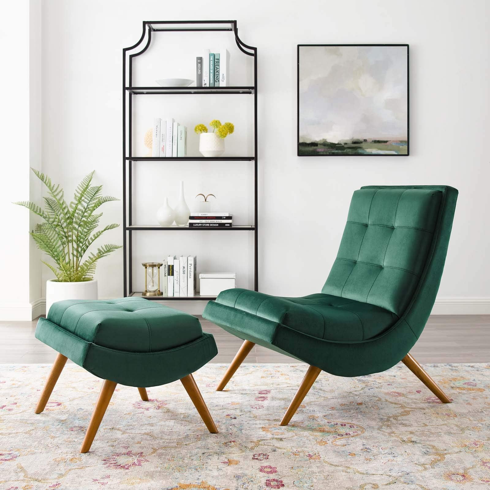 Modway Ramp Biscuit Tufted Performance Velvet Living Room Lounge Chair And Ottoman Set In Green